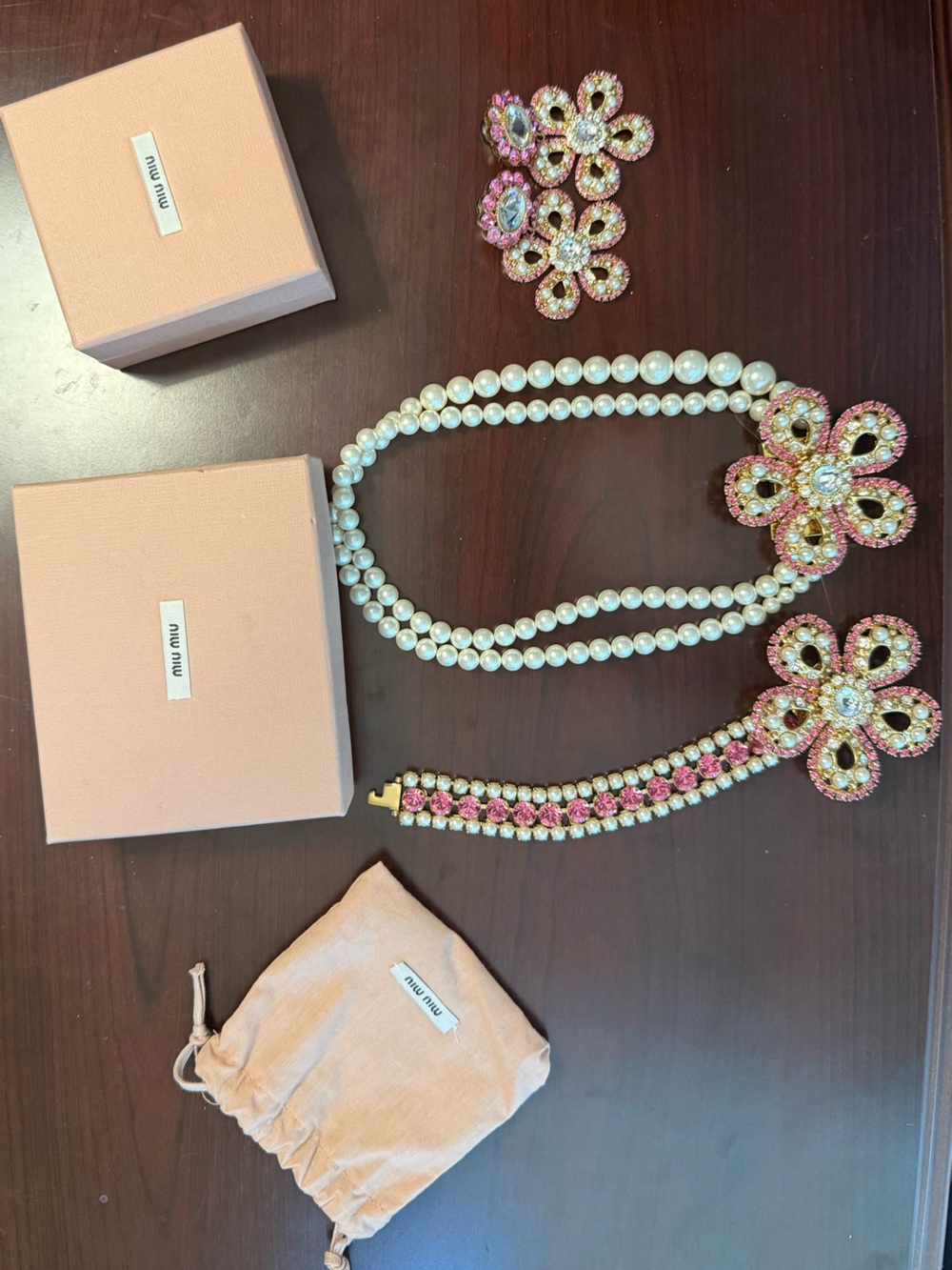 Miu Miu Pink Crystal Floral 3 pc Pearl Necklace Set (necklace earrings bracelet)